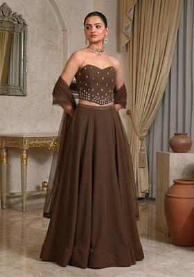 Brown Hand Work Strapless Lehenga Set