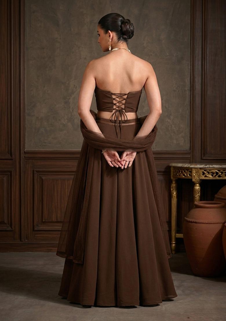 Brown Hand Work Strapless Lehenga Set - Indya