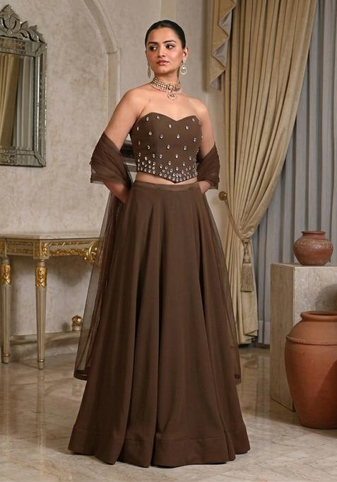 Brown Hand Work Strapless Lehenga Set