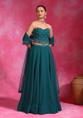 Teal Hand Work Strapless Lehenga Set