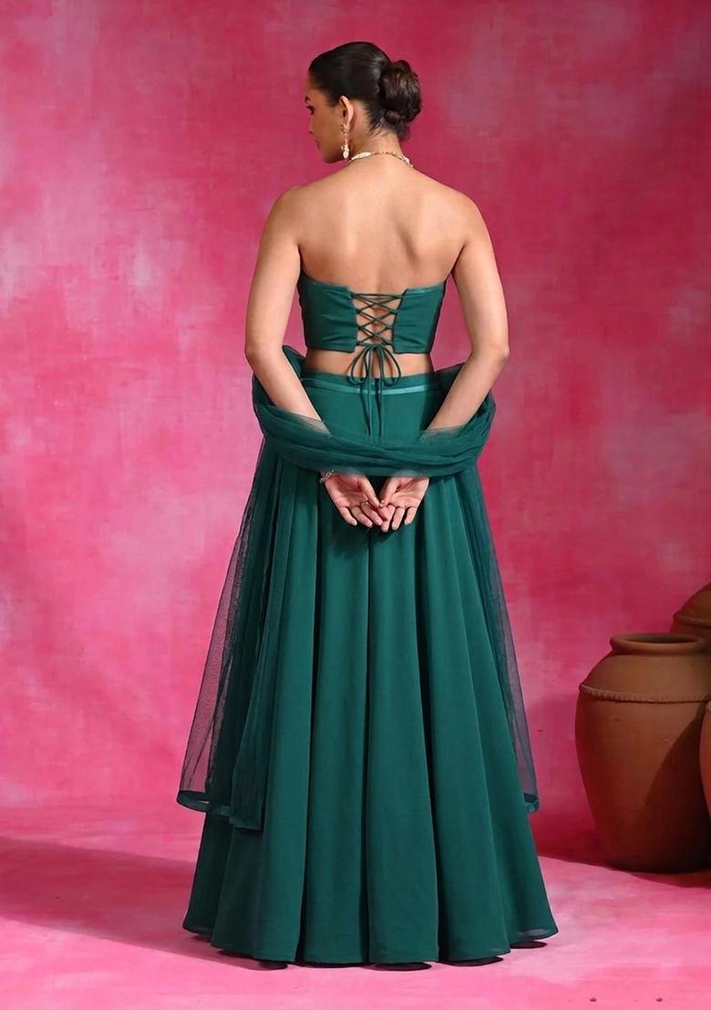 Teal Hand Work Strapless Lehenga Set - Indya