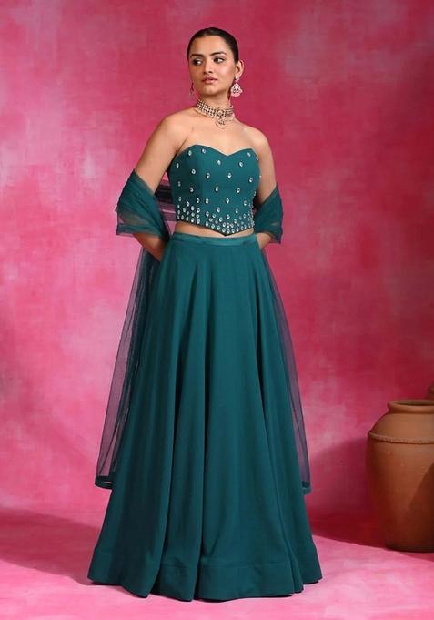 Teal Hand Work Strapless Lehenga Set
