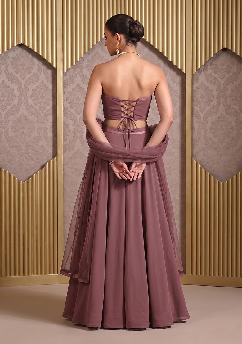 Mauve Hand Work Strapless Lehenga Set - Indya