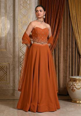 Rust Hand Work Strapless Lehenga Set