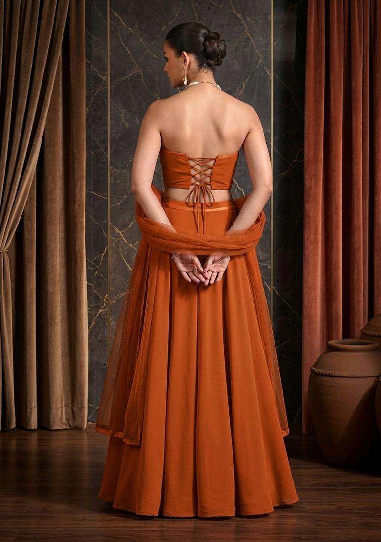 Rust Hand Work Strapless Lehenga Set - Indya