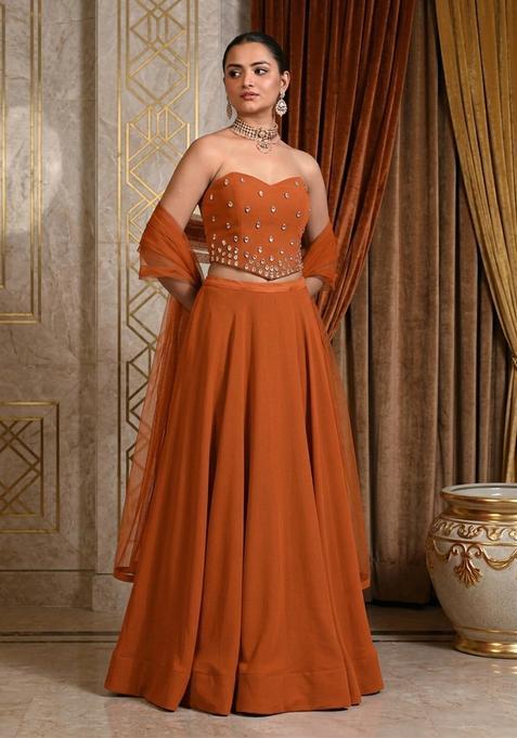 Rust Hand Work Strapless Lehenga Set