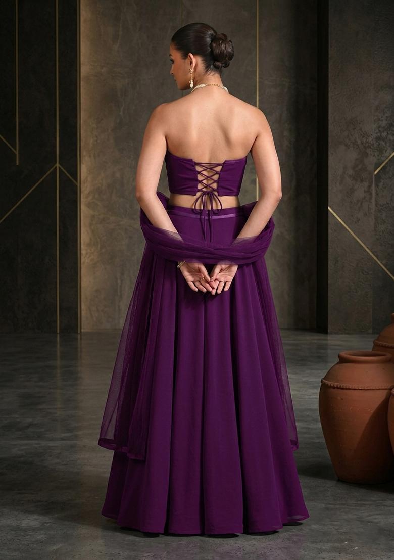 Purple Hand Work Strapless Lehenga Set - Indya