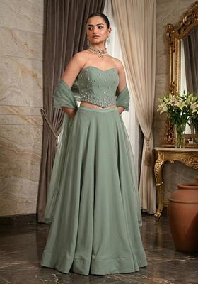 Sage Green Hand Work Strapless Lehenga Set