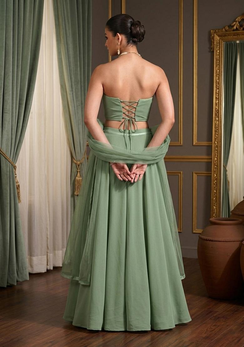 Sage Green Hand Work Strapless Lehenga Set - Indya