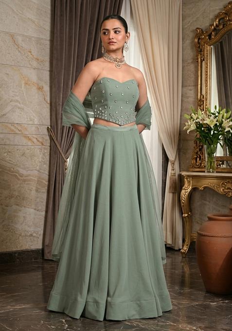 Sage Green Hand Work Strapless Lehenga Set