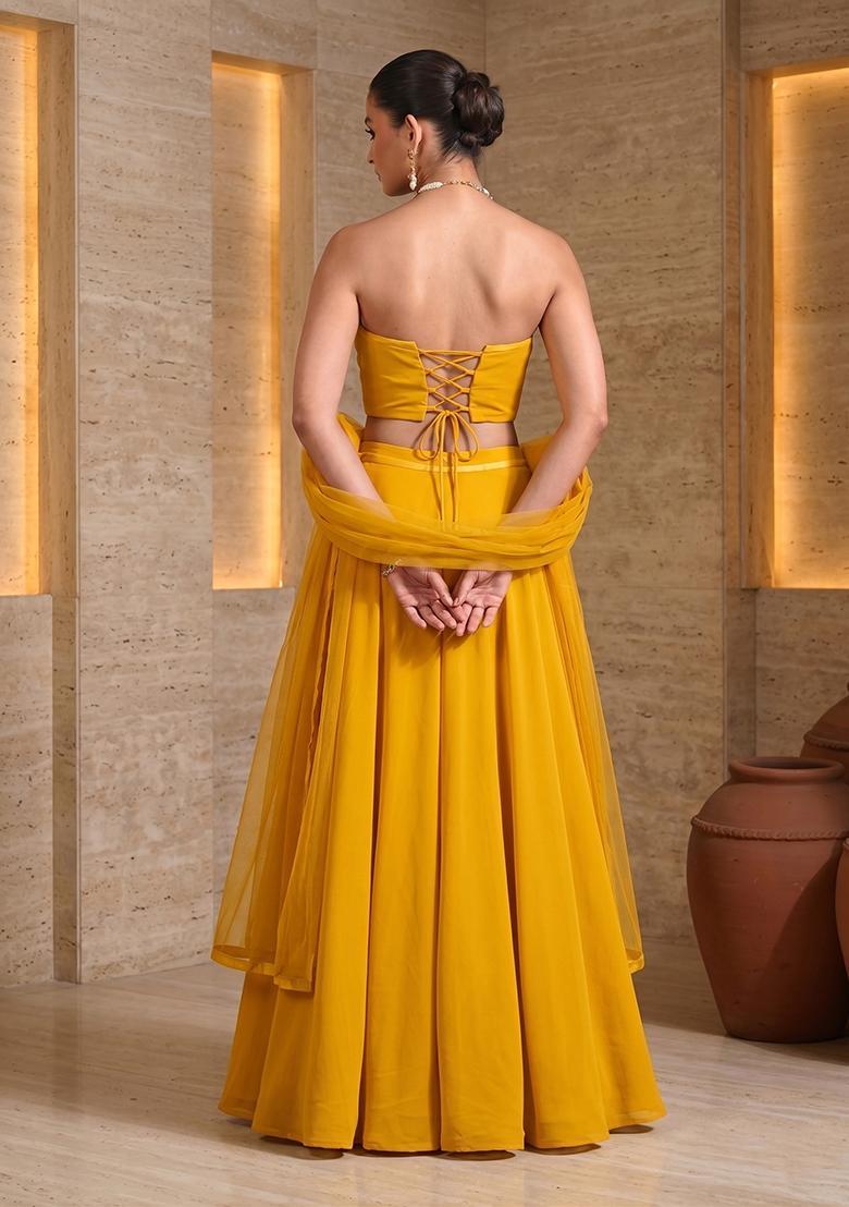 Yellow Hand Work Strapless Lehenga Set - Indya