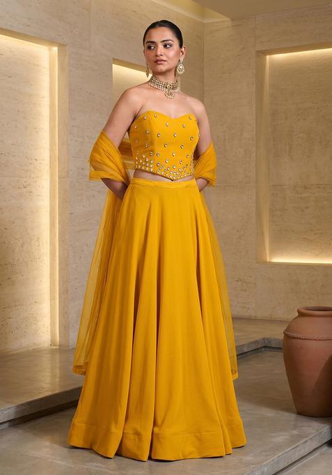 Yellow Hand Work Strapless Lehenga Set