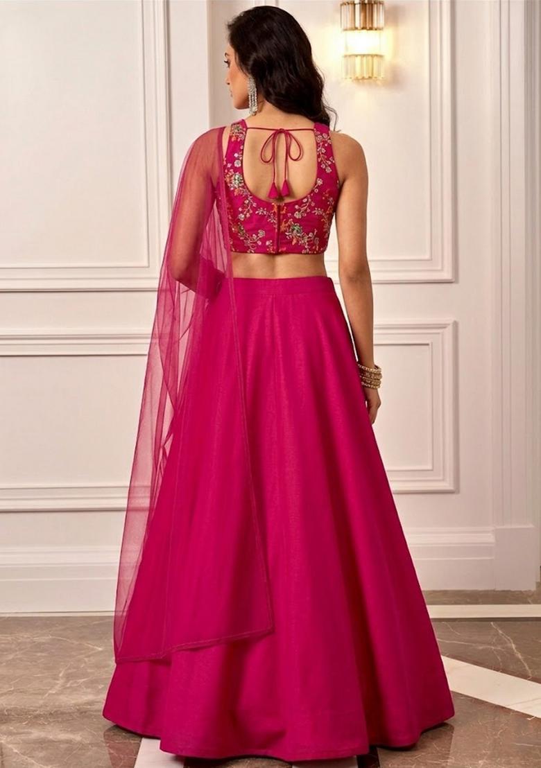 Rani Pink Embroidered Crepe Lehenga Set - Indya
