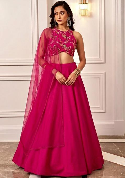 Rani Pink Embroidered Crepe Lehenga Set