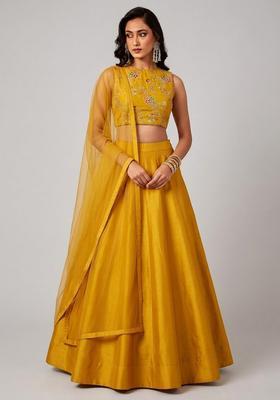Mustard Embroidered Poly Blend Lehenga Set