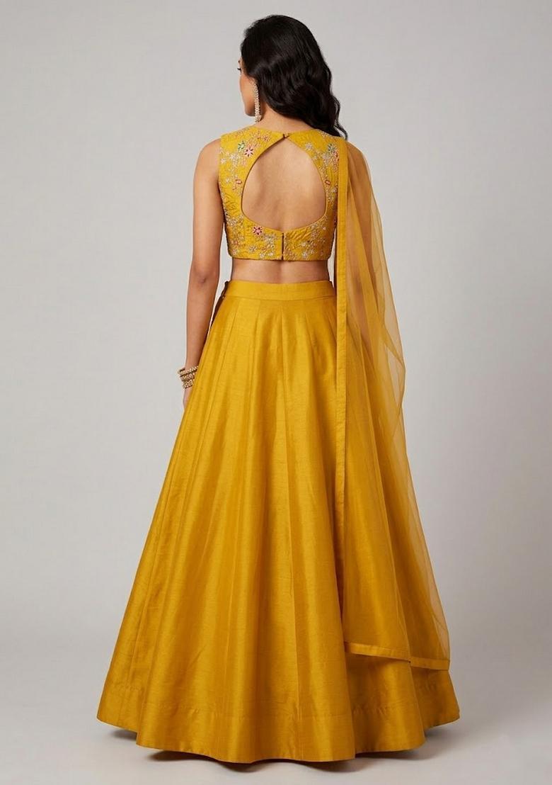 Mustard Embroidered Poly Blend Lehenga Set - Indya