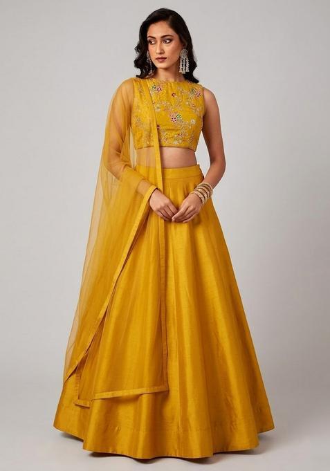 Mustard Embroidered Poly Blend Lehenga Set