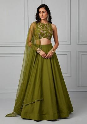 Olive Green Embroidered Crepe Lehenga Set