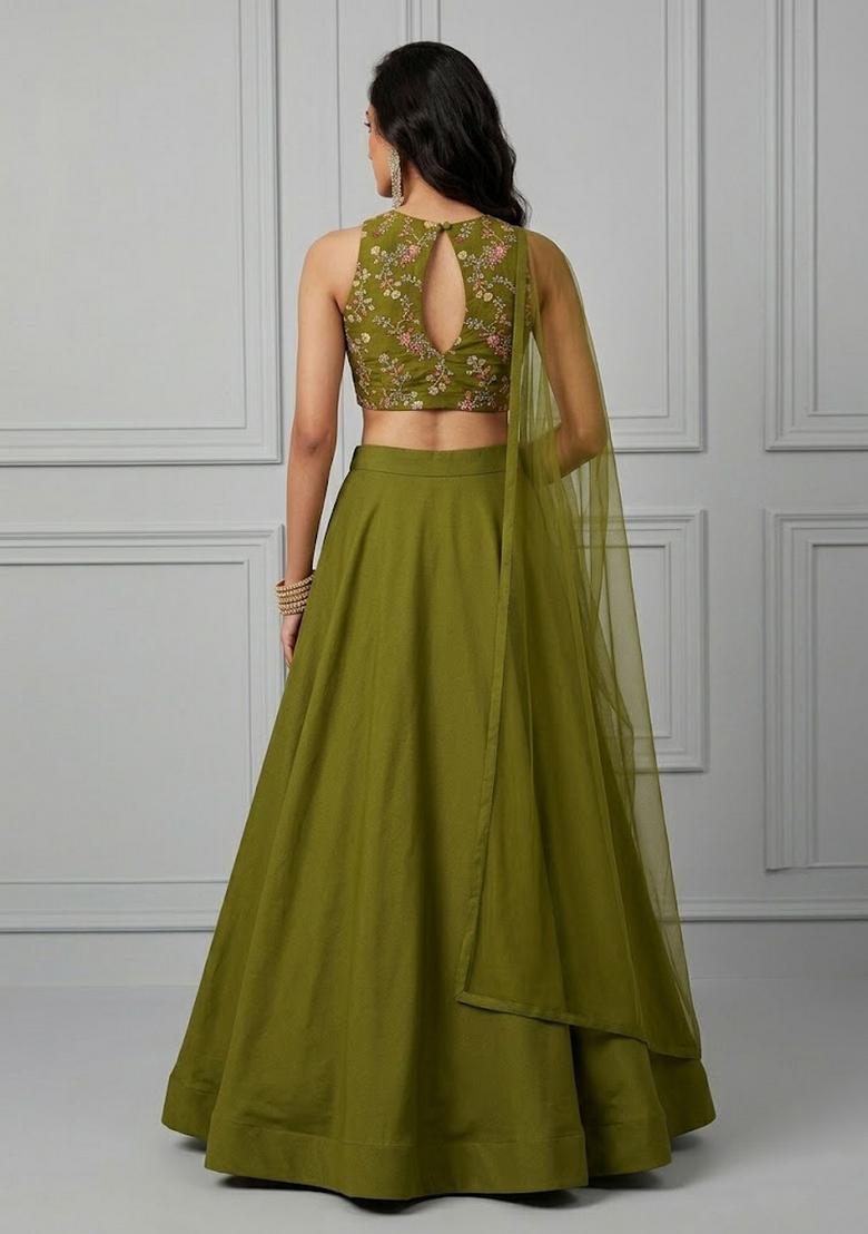Olive Green Embroidered Crepe Lehenga Set - Indya