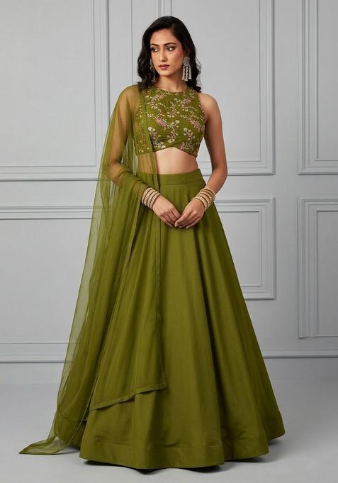 Olive Green Embroidered Crepe Lehenga Set