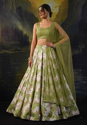 Olive Green Printed Silk Blend Lehenga Set