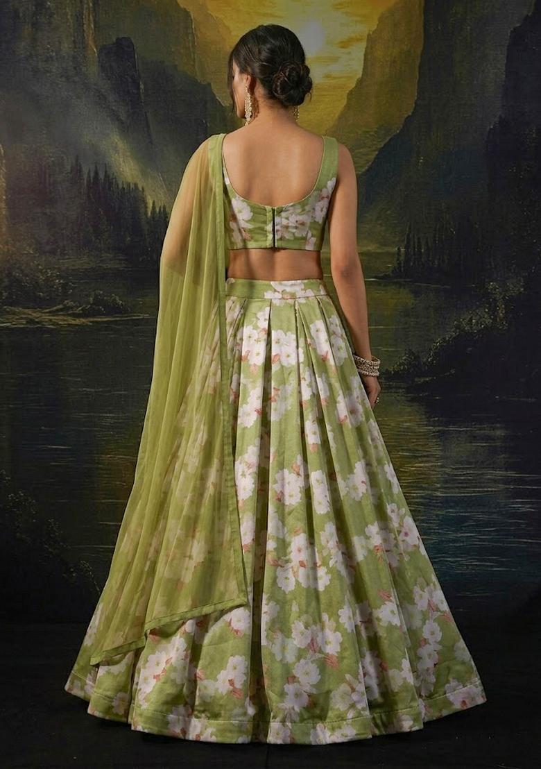 Olive Green Printed Silk Blend Lehenga Set - Indya