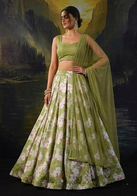 Olive Green Floral Print Silk Blend Lehenga Set