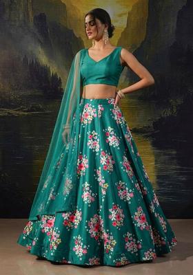 Bottle Green Printed Silk Blend Lehenga Set