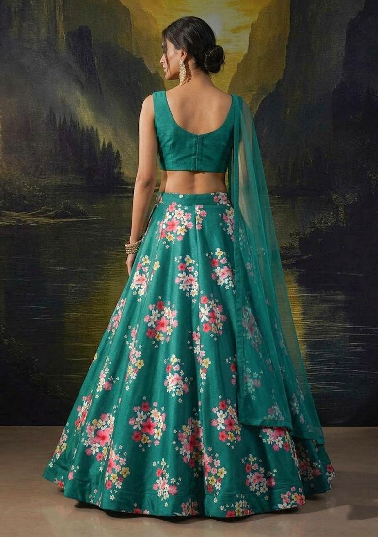 Bottle Green Printed Silk Blend Lehenga Set - Indya