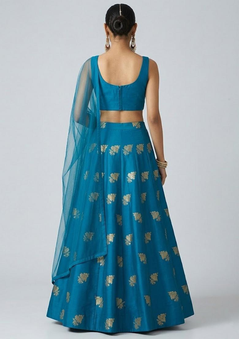Teal Blue Zari Work Poly Blend Lehenga Set - Indya