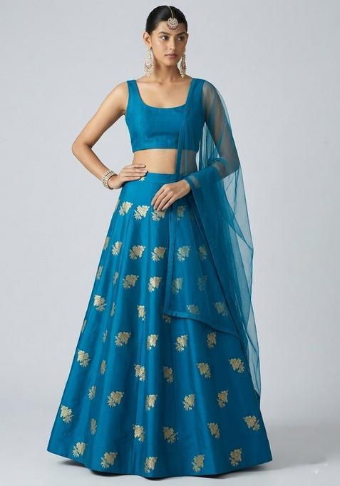Teal Blue Zari Work Poly Blend Lehenga Set