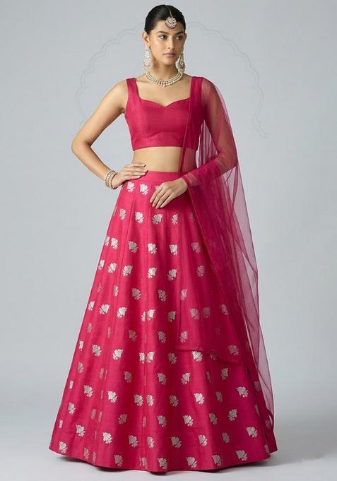 Rani Pink Zari Work Silk Blend Lehenga Set