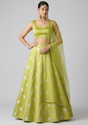 Olive Green Jacquard Brocade Lehenga Set