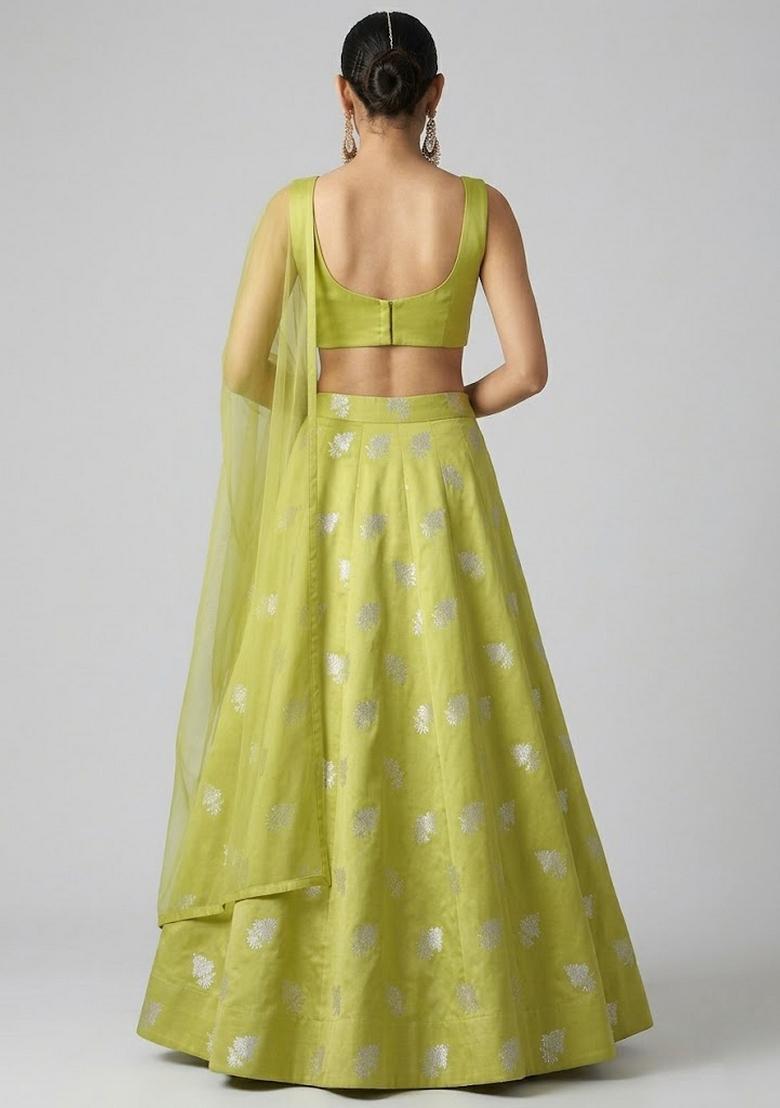 Olive Green Jacquard Brocade Lehenga Set - Indya