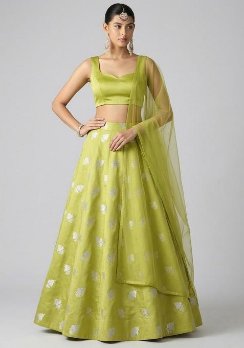 Olive Green Jacquard Brocade Lehenga Set