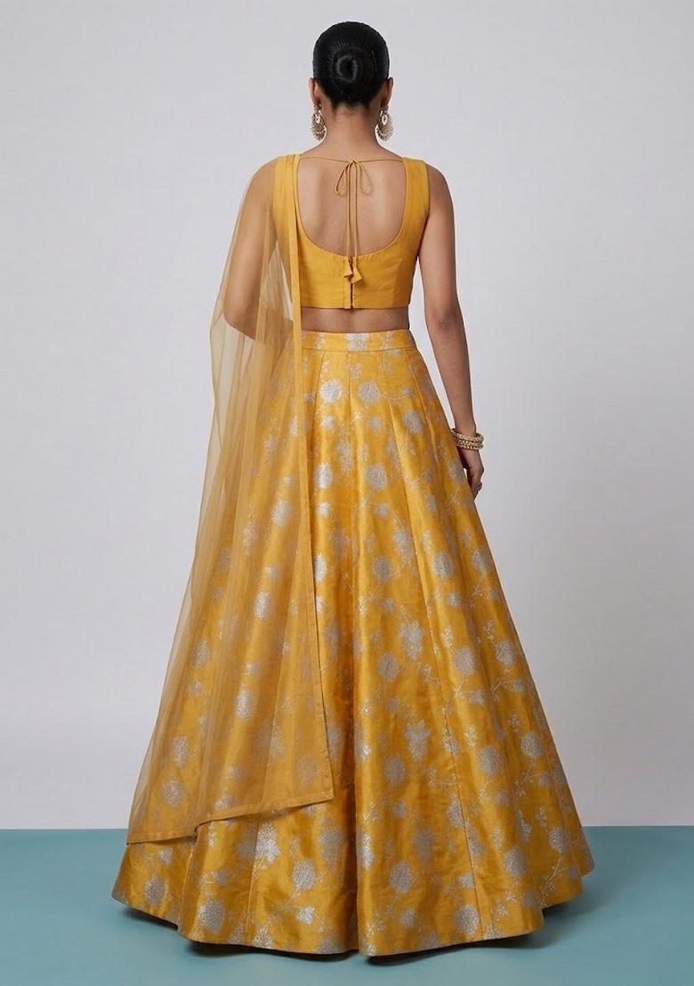 Mustard Jacquard Brocade Lehenga Set - Indya