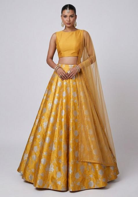 Mustard Jacquard Brocade Lehenga Set