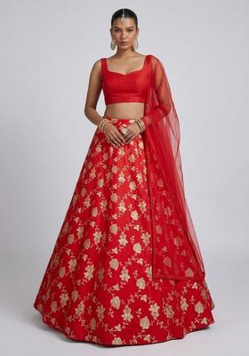 Red Jacquard Brocade Lehenga Set