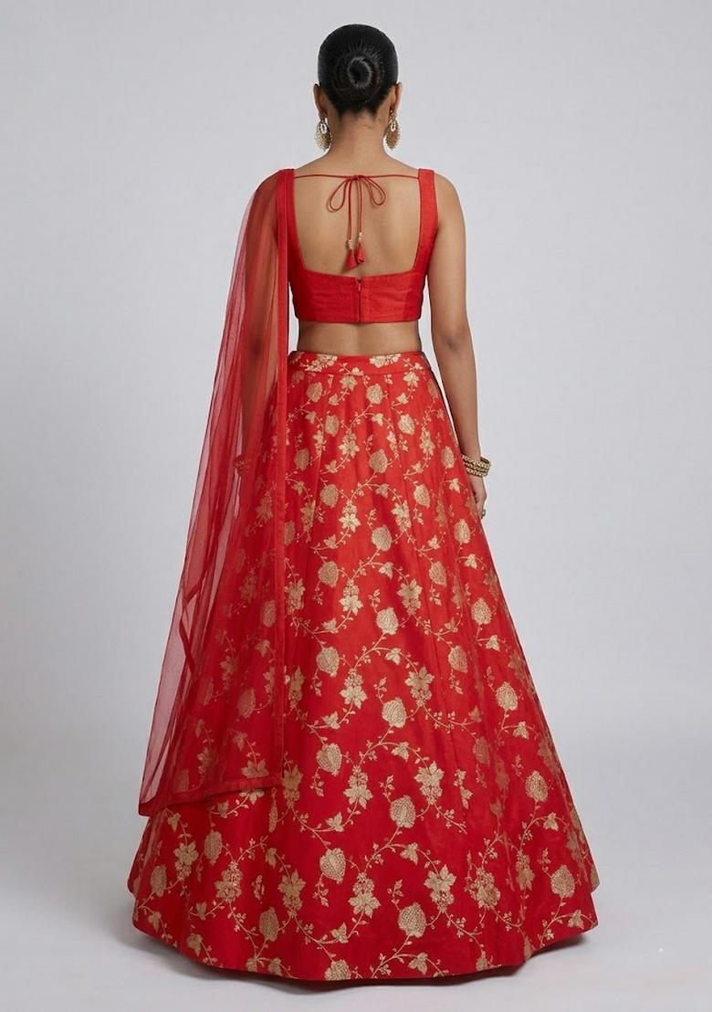 Red Jacquard Brocade Lehenga Set - Indya