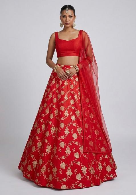 Red Zari Work Silk Blend Lehenga Set