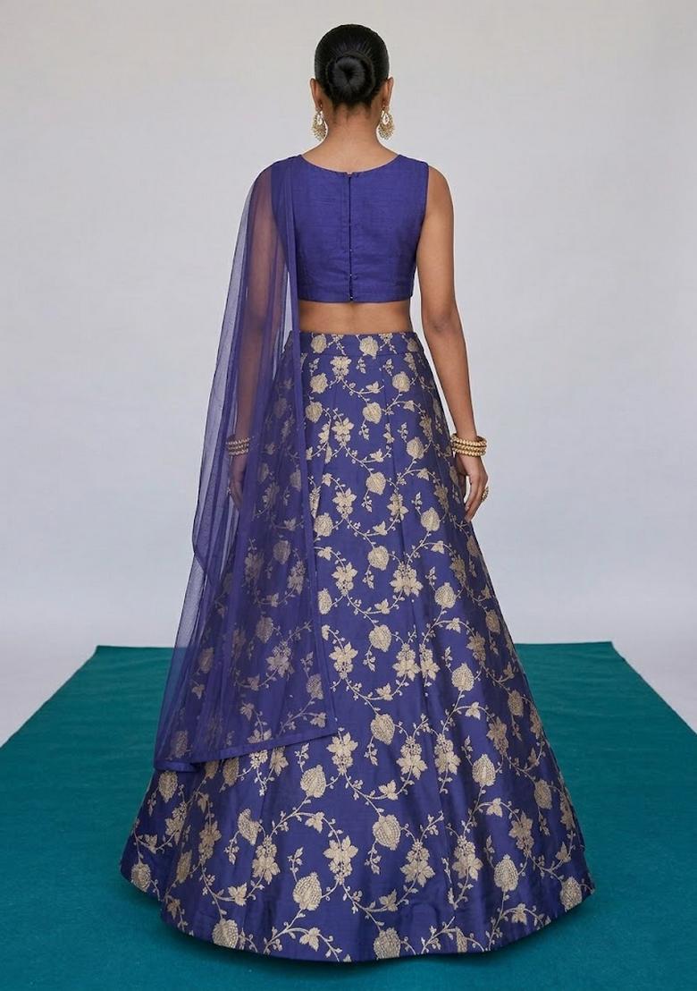 Royal Blue Jacquard Jacquard Brocade Lehenga Set - Indya