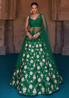 Bottle Green Jacquard Brocade Lehenga Set
