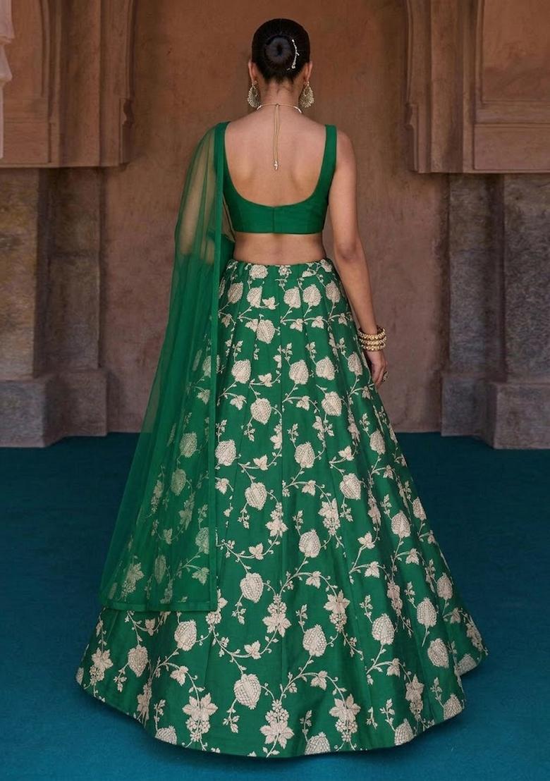 Bottle Green Jacquard Brocade Lehenga Set - Indya