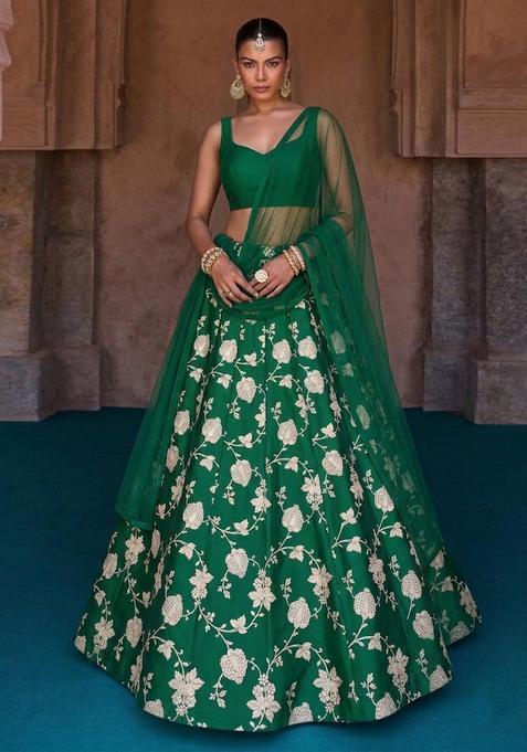 Bottle Green Jacquard Brocade Lehenga Set