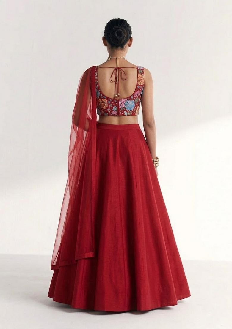 Red Printed Crepe Lehenga Set - Indya