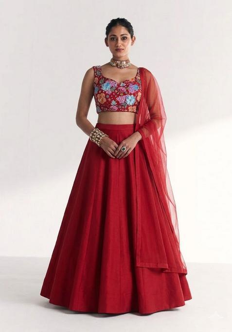 Red Printed Crepe Lehenga Set
