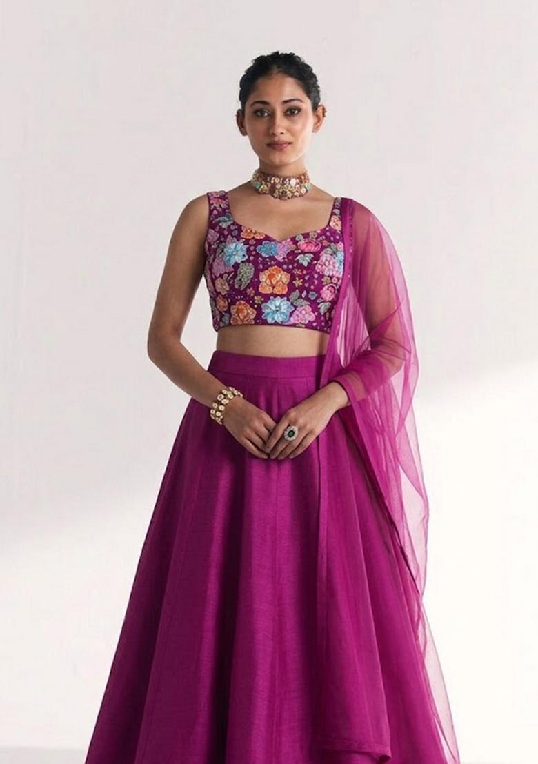 Purple Printed Crepe Lehenga Set - Indya