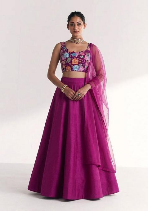 Purple Printed Crepe Lehenga Set