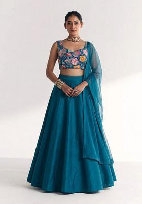 Teal Printed Crepe Lehenga Set