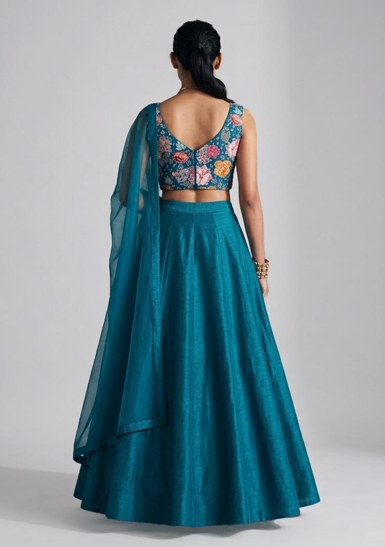 Teal Printed Crepe Lehenga Set - Indya